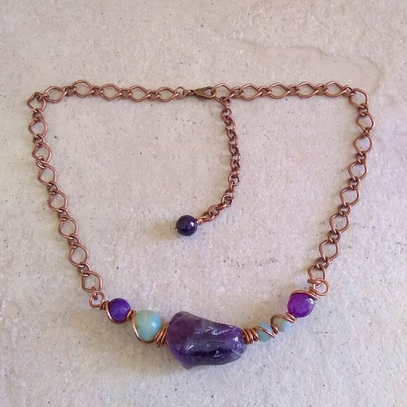 Huge Amethyst + Agate + Amazonite Beads & Copper! Handmade Asymmetrical Choker! - Picture 1 of 10